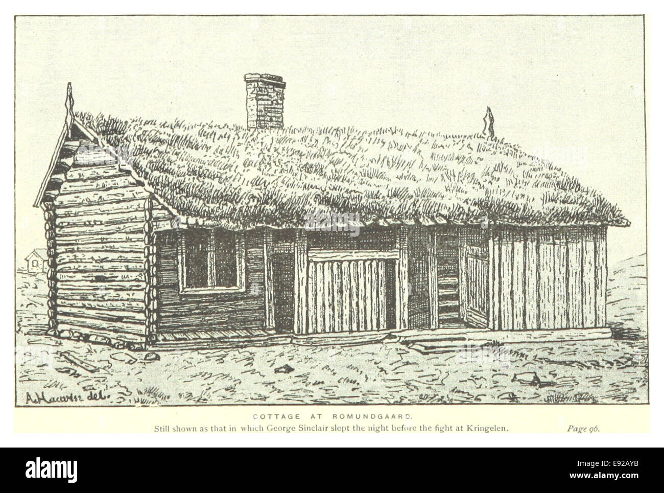 Un'illustrazione raffigurante un cottage a Romundgaard, forse in Norvegia o Scandinavia. L'immagine riflette l'architettura rurale e il tradizionale design scandinavo. Foto Stock Un'illustrazione raffigurante un cottage a Romundgaard, forse in Norvegia o Scandinavia. L'immagine riflette l'architettura rurale e il tradizionale design scandinavo. Foto Stock