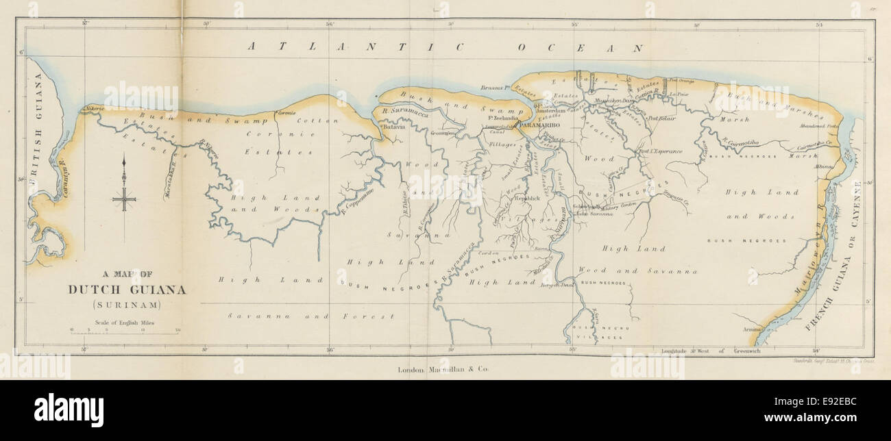 Un'illustrazione del 1876 di una mappa del Suriname, raffigurante la disposizione geografica del paese e la struttura coloniale iniziale. Foto Stock