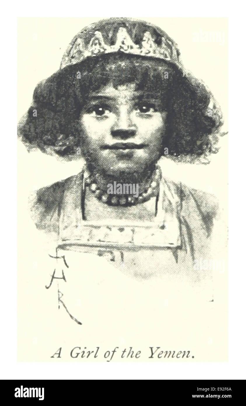 Questa illustrazione vintage presenta una ragazza yemenita, che mostra l'abito tradizionale e la cultura dello Yemen. Lo schizzo offre un'idea dell'identità culturale della regione durante il periodo. Foto Stock