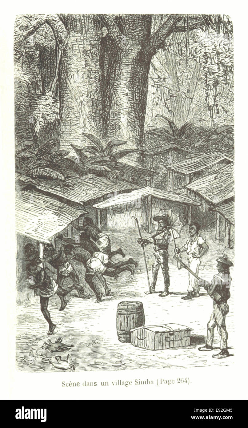 Questa illustrazione vintage del XIX secolo raffigura una scena nel villaggio di Simba, che mostra la vita quotidiana e l'ambiente della comunità. Foto Stock Questa illustrazione vintage del XIX secolo raffigura una scena nel villaggio di Simba, che mostra la vita quotidiana e l'ambiente della comunità. Foto Stock