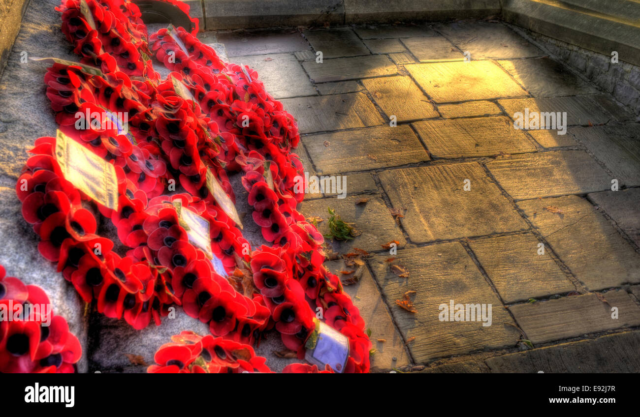 Il papavero ghirlande su un memoriale di guerra ricordando la guerra morti delle due guerre mondiali. Foto Stock