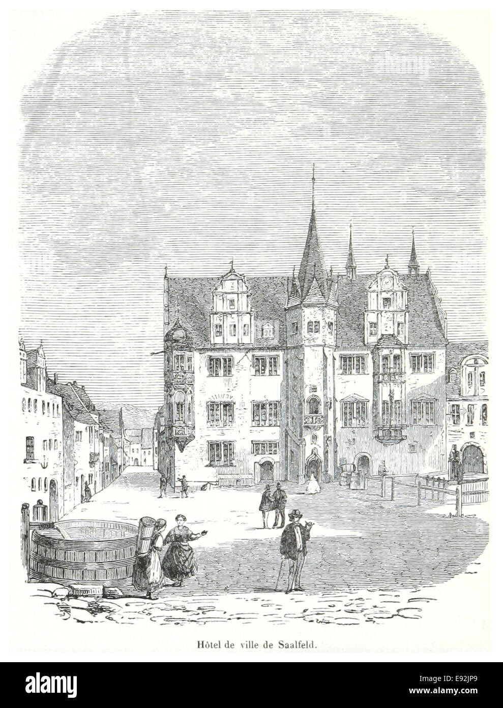 Un'illustrazione tratta da una pubblicazione d'epoca mostra il Rathaus di Saalfeld (municipio) e la Marktplatz (piazza del mercato), offrendo una vista storica dei monumenti architettonici di questa città tedesca. Foto Stock