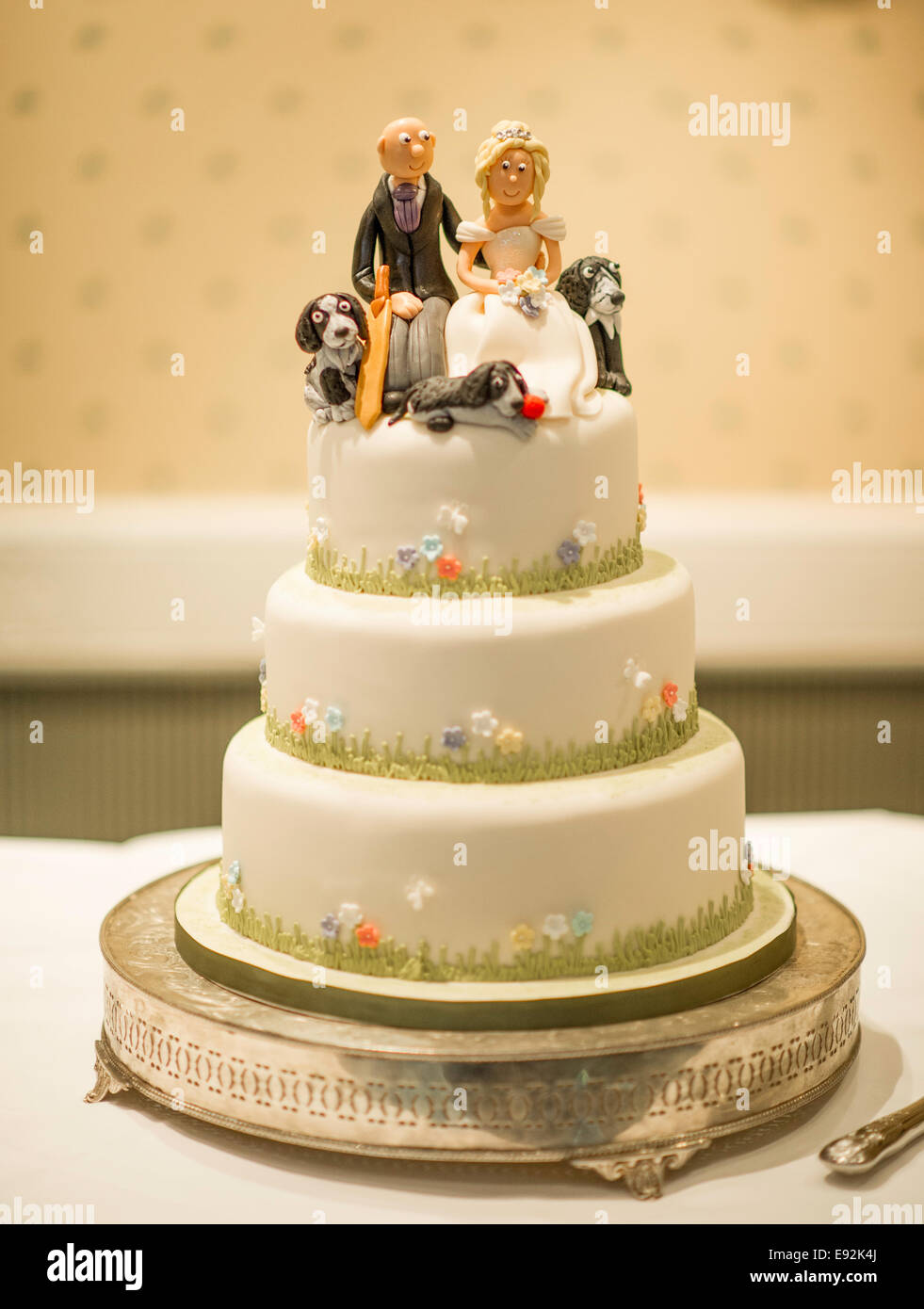 Torta di Nozze con coppia sulla parte superiore e i cani Foto Stock