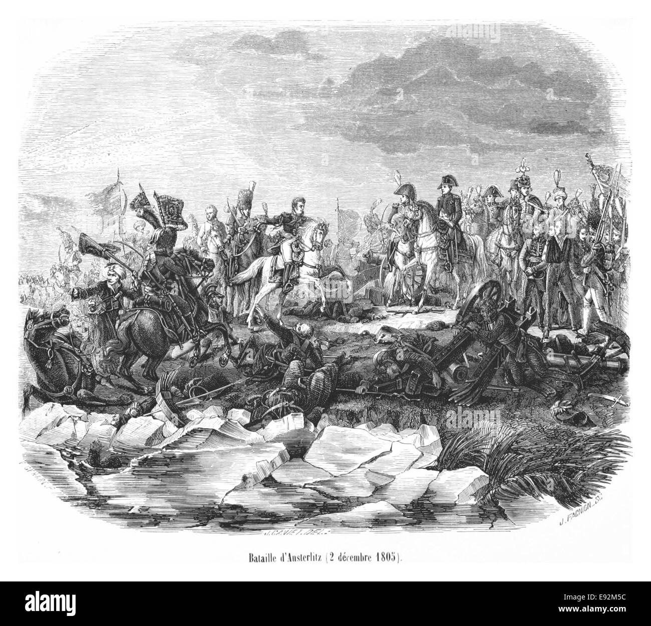 Questa illustrazione raffigura la battaglia di Austerlitz, combattuta il 2 dicembre 1805 tra le forze francesi e quelle russo-austriache. La battaglia è considerata una delle più grandi vittorie di Napoleone. Foto Stock