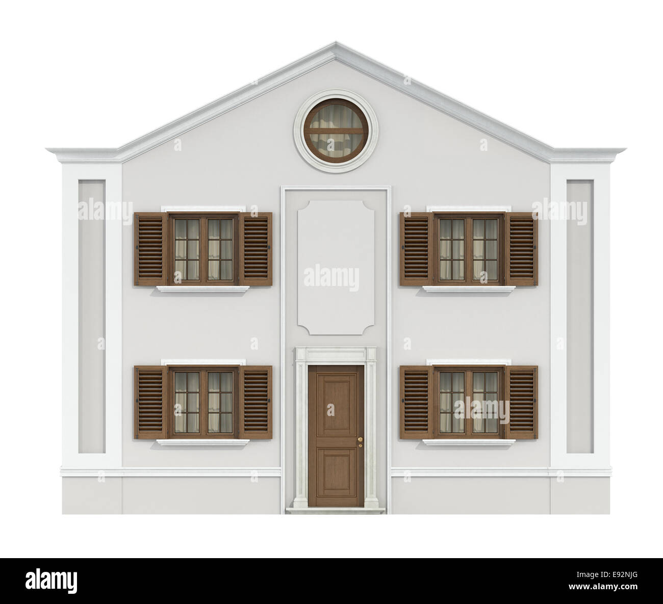 Casa classica, con finestre in legno e lo sportello anteriore isolato su bianco-3d rendering Foto Stock