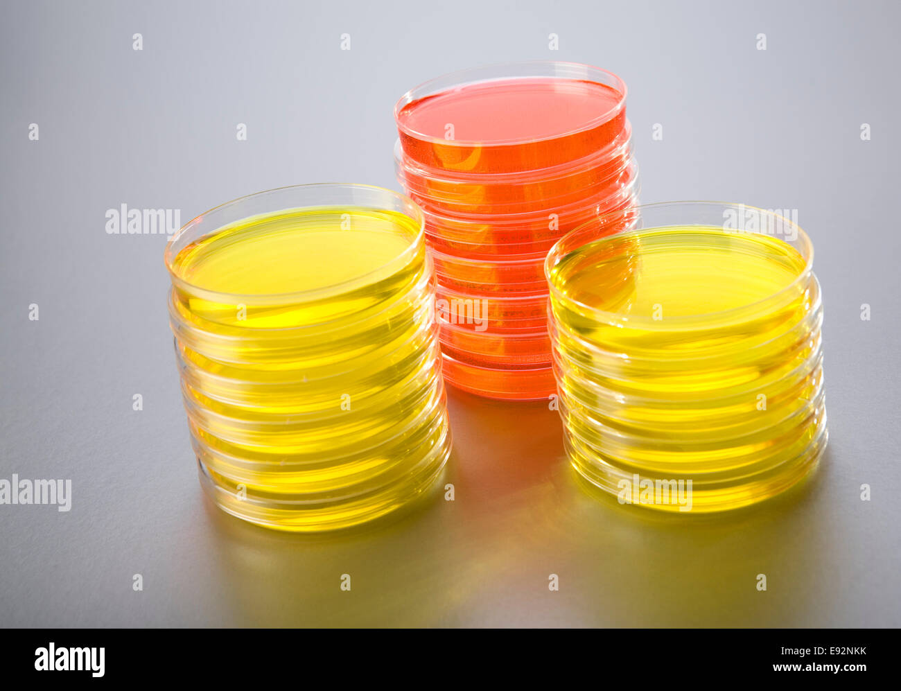 Tre pile di capsule di petri in un laboratorio. Due giallo e uno rosso. Foto Stock