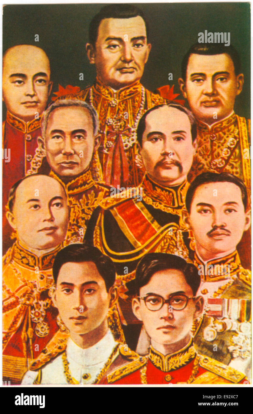 Royal Ritratto di tutti i nove re della dinastia Chakri, Thailandia (ex Siam), Cartolina, 1946 circa Foto Stock