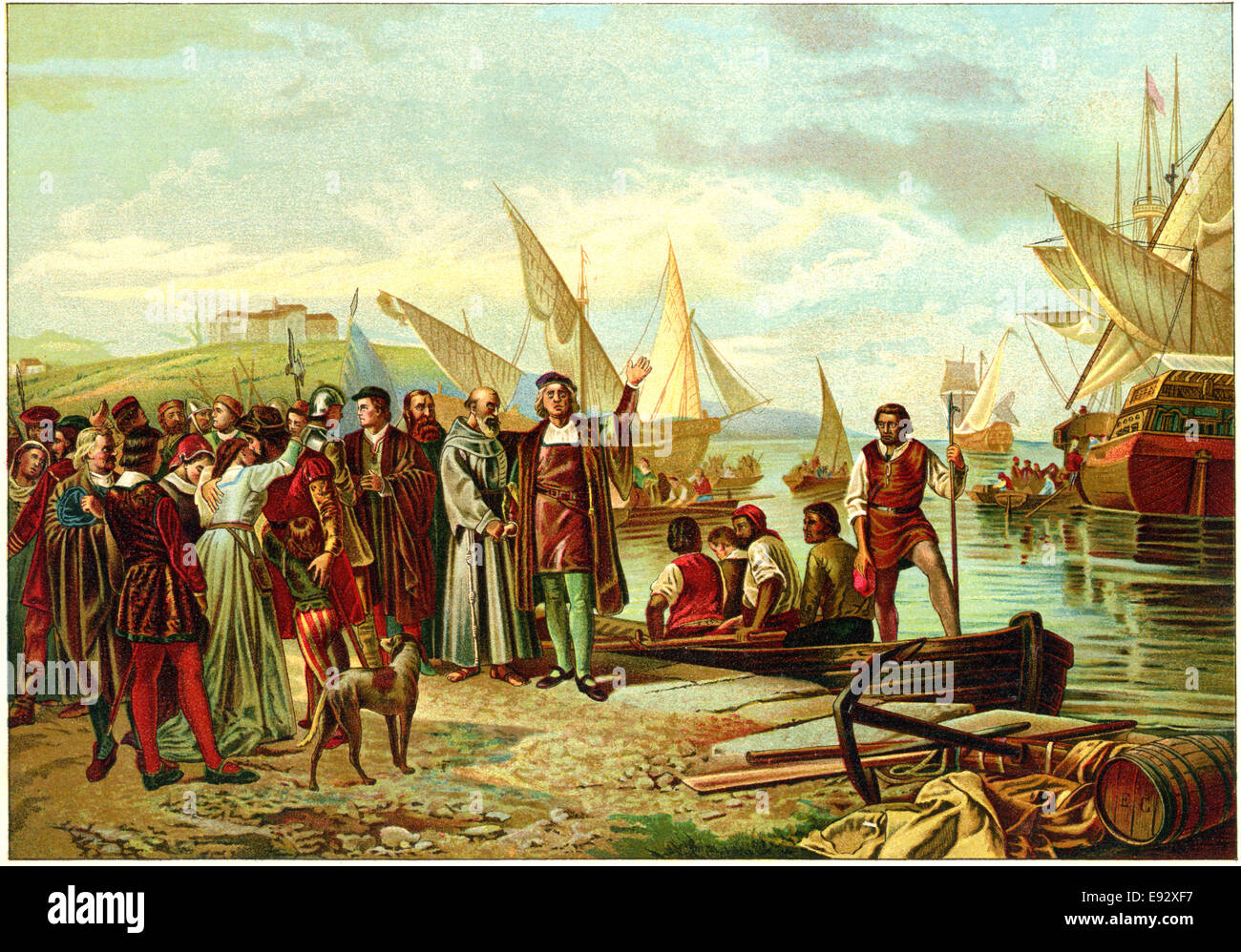 Imbarco e partenza di Colombo dal porto di Palos, sul suo primo viaggio di scoperta, 3 agosto 1492, la pittura di Ricardo Balaca Foto Stock