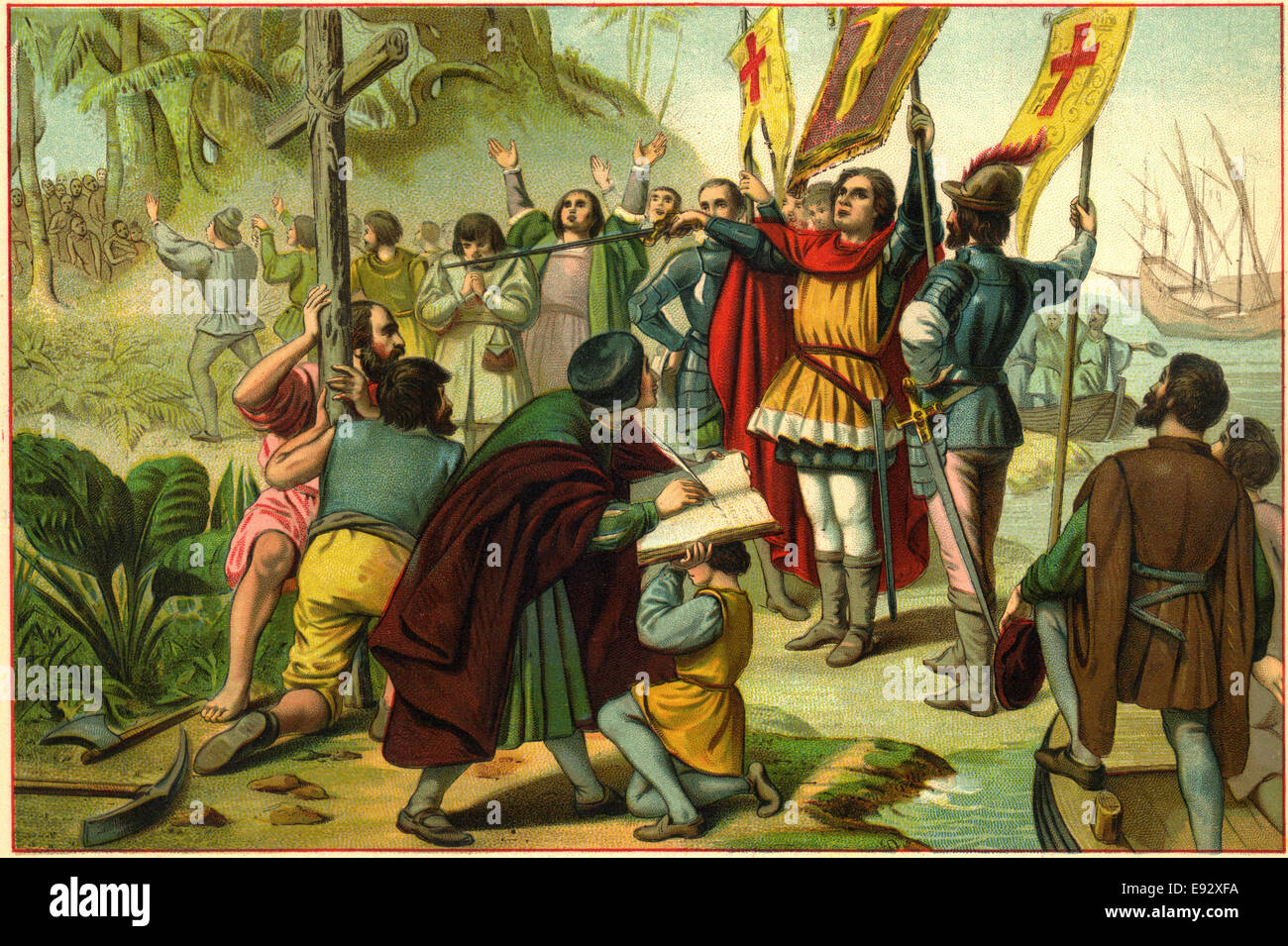 Columbus prendendo possesso del Nuovo Mondo, illustrazione, circa 1892 Foto Stock