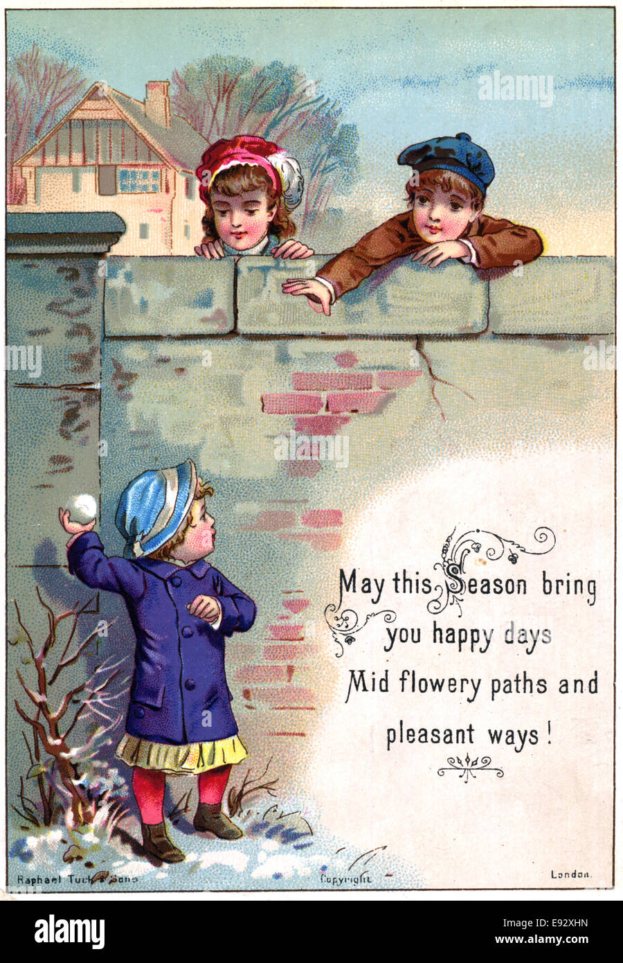 Ragazzo con palla di neve, due bambini dietro la parete, 'May la stagione si mettono i giorni felici", cartolina, circa 1910 Foto Stock