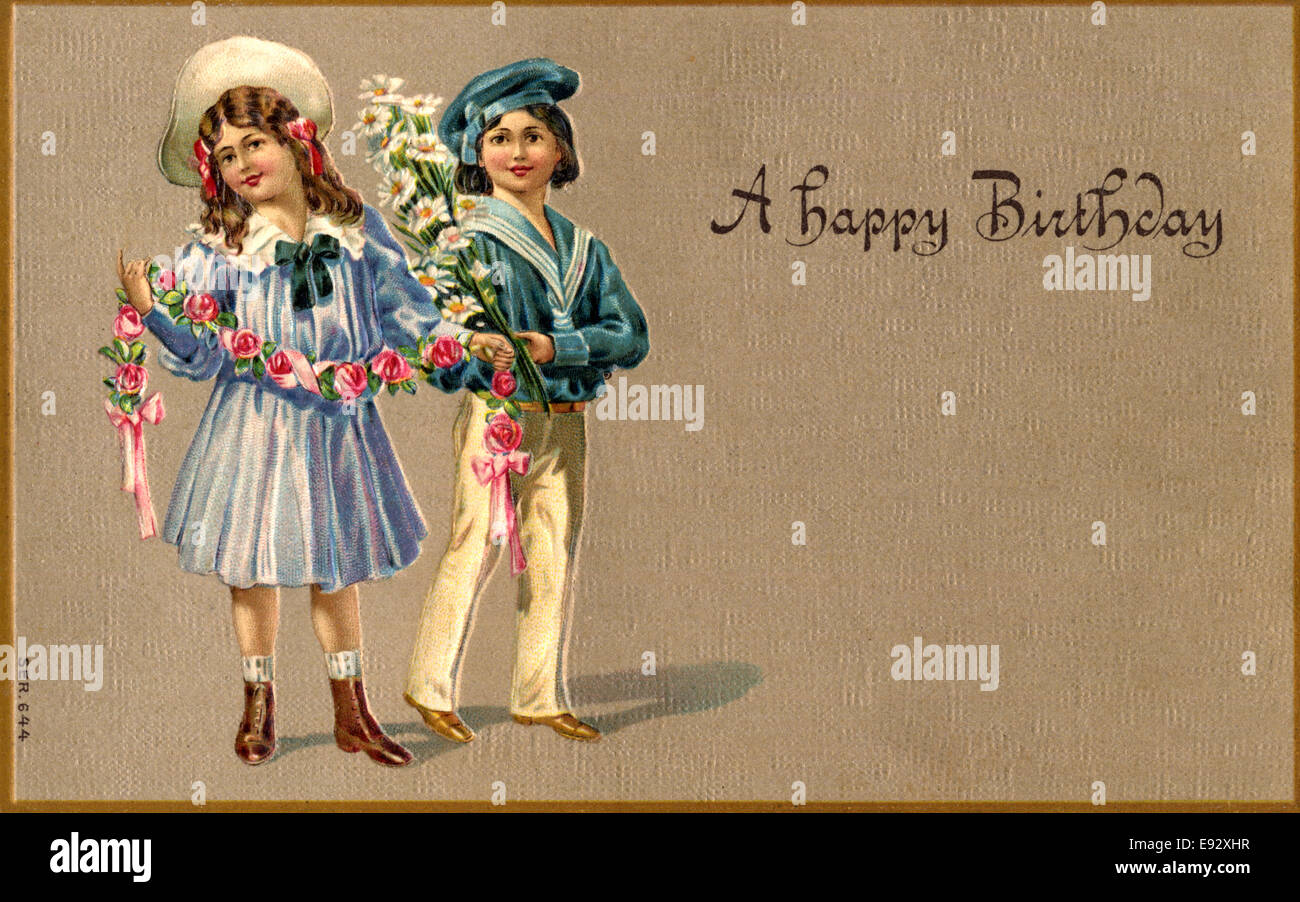 Ragazzo e una ragazza con i fiori, "Buon Compleanno", cartolina, circa 1910 Foto Stock
