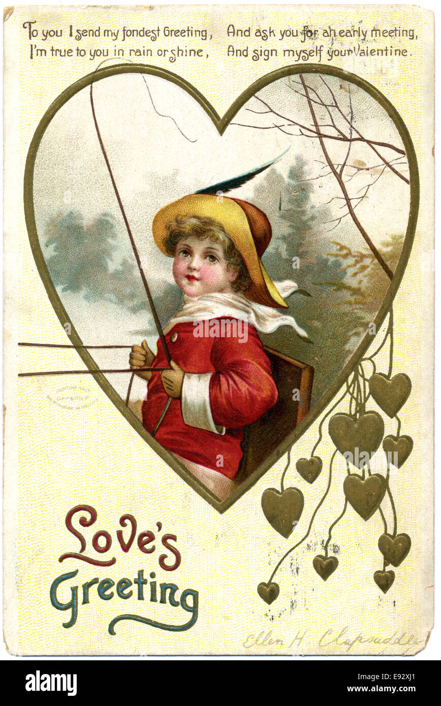 Ragazzo in giacca rossa Azienda Redini nel cuore telaio, "l'amore saluto', cartolina, circa 1913 Foto Stock