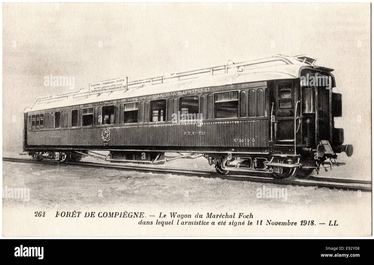 Treno auto, l'Armistizio con la Germania, Compiegne, Francia, 18 novembre 1918, cartolina francese Foto Stock