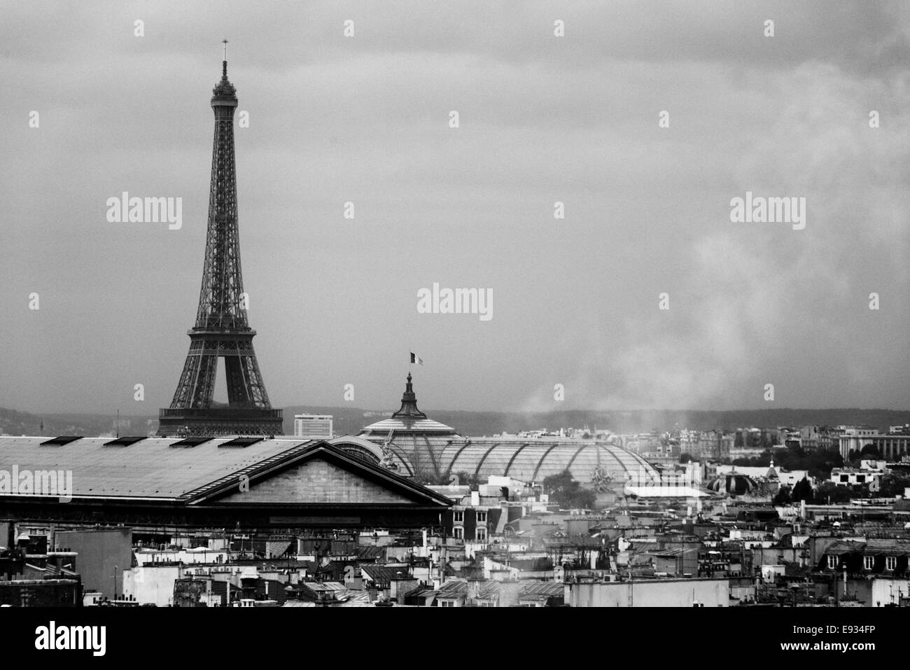 Tetti di Parigi e la Torre Eiffel visto dalla Galeries Lafayette terrazza sul tetto. Parigi, Francia. Foto Stock