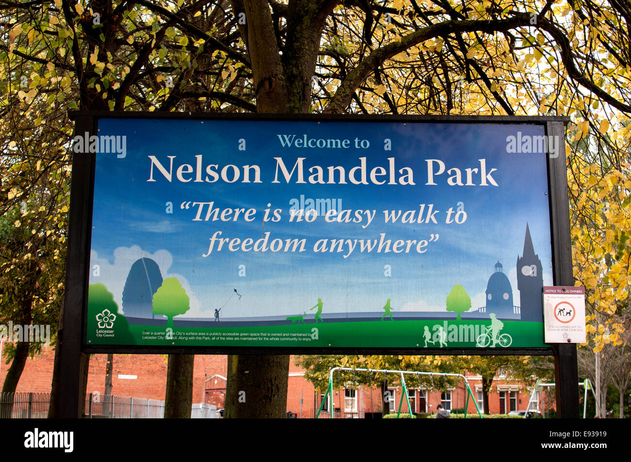 Nelson Mandela Park segno, Leicester, Regno Unito Foto Stock
