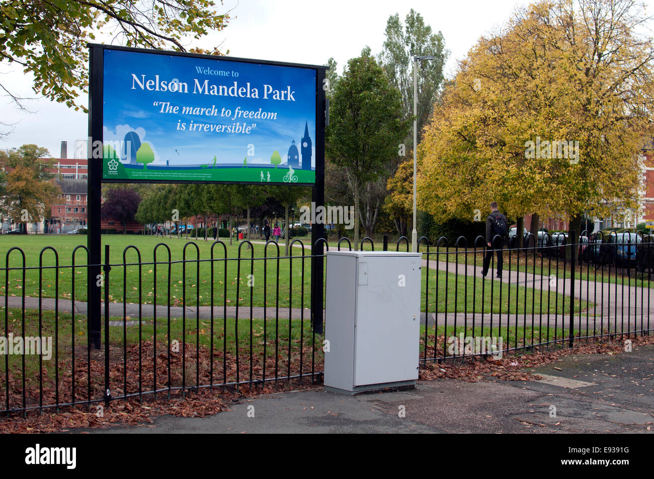 Nelson Mandela Park segno, Leicester, Regno Unito Foto Stock
