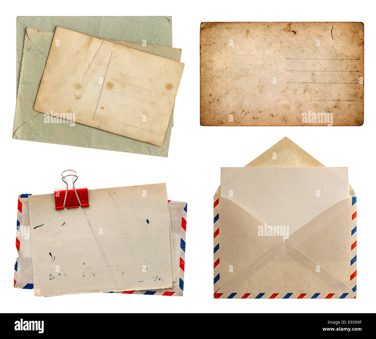 La posta di aria della busta e invecchiato cartoline isolati su sfondo bianco. design retrò papers Foto Stock