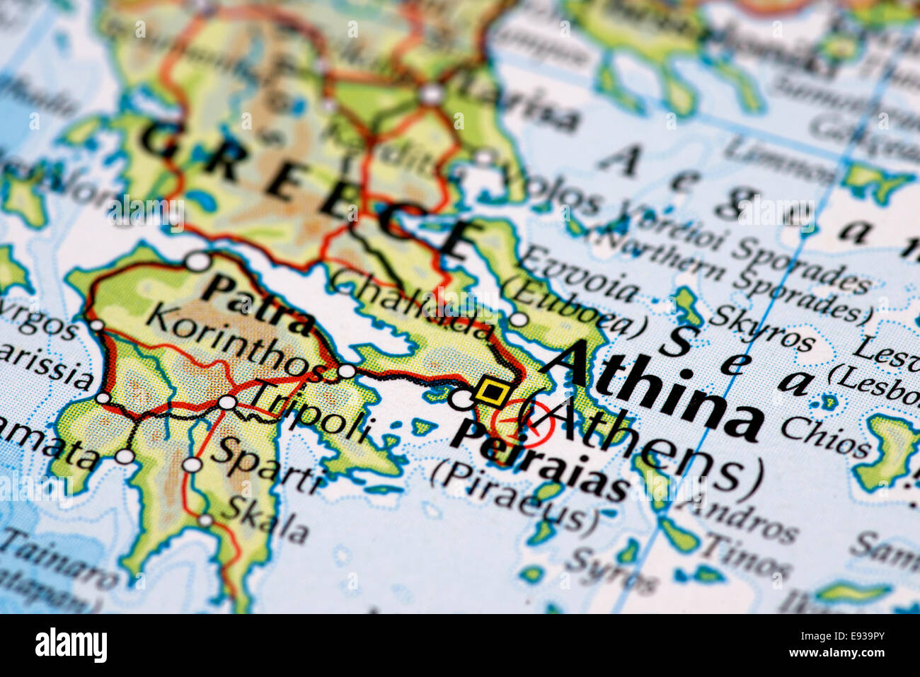 Close up mappa di Atene e la Grecia Foto Stock