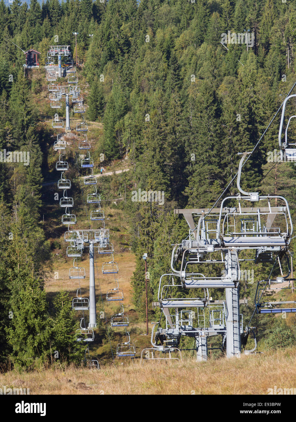 Ski lift, folli in estate il taglio attraverso la foresta di Nordmarka in Oslo Norvegia, un urbano ski resort di Tryvann, raggiungibile con la metro Foto Stock