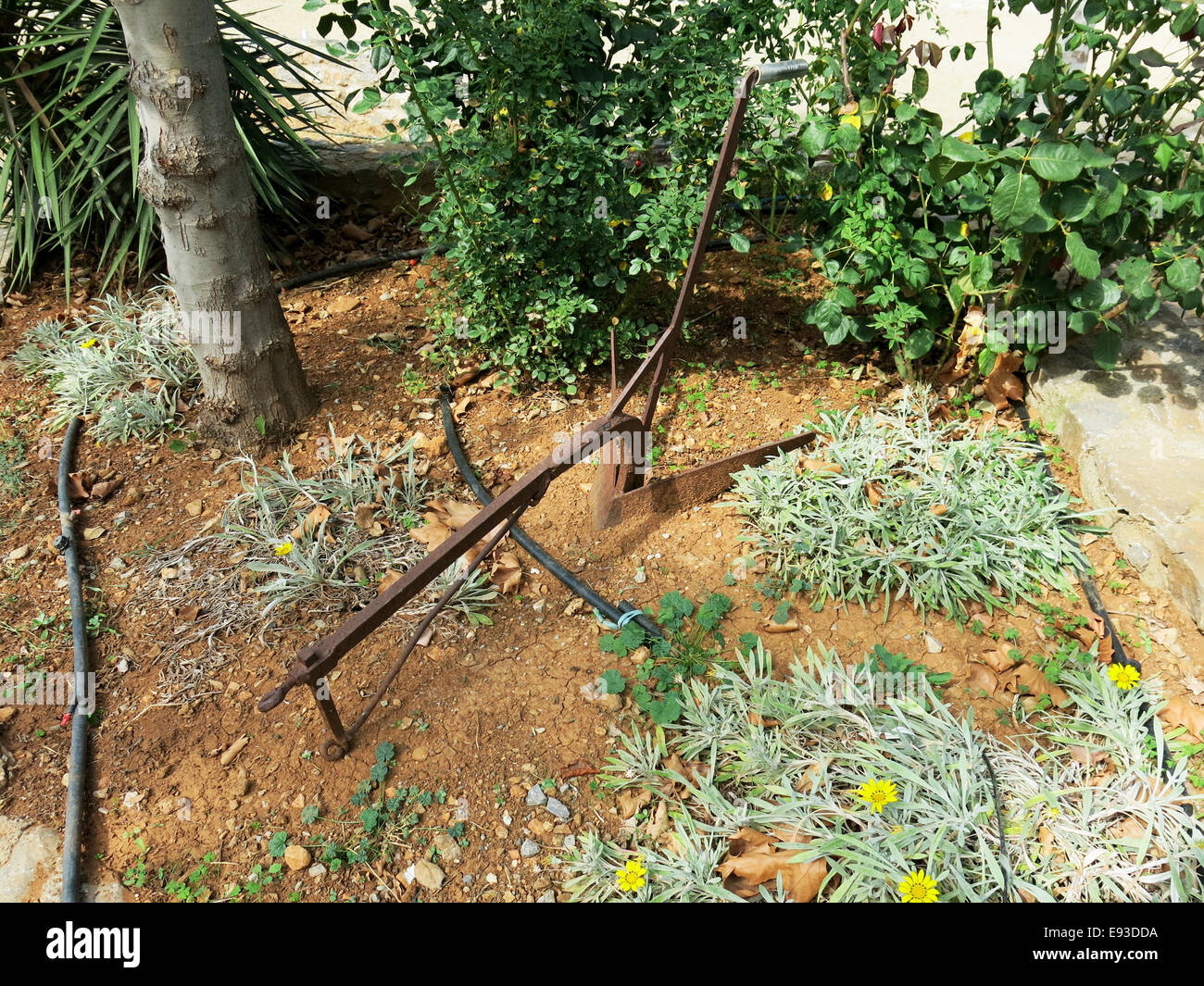 Aratro tradizionale decorare un giardino. Foto Stock