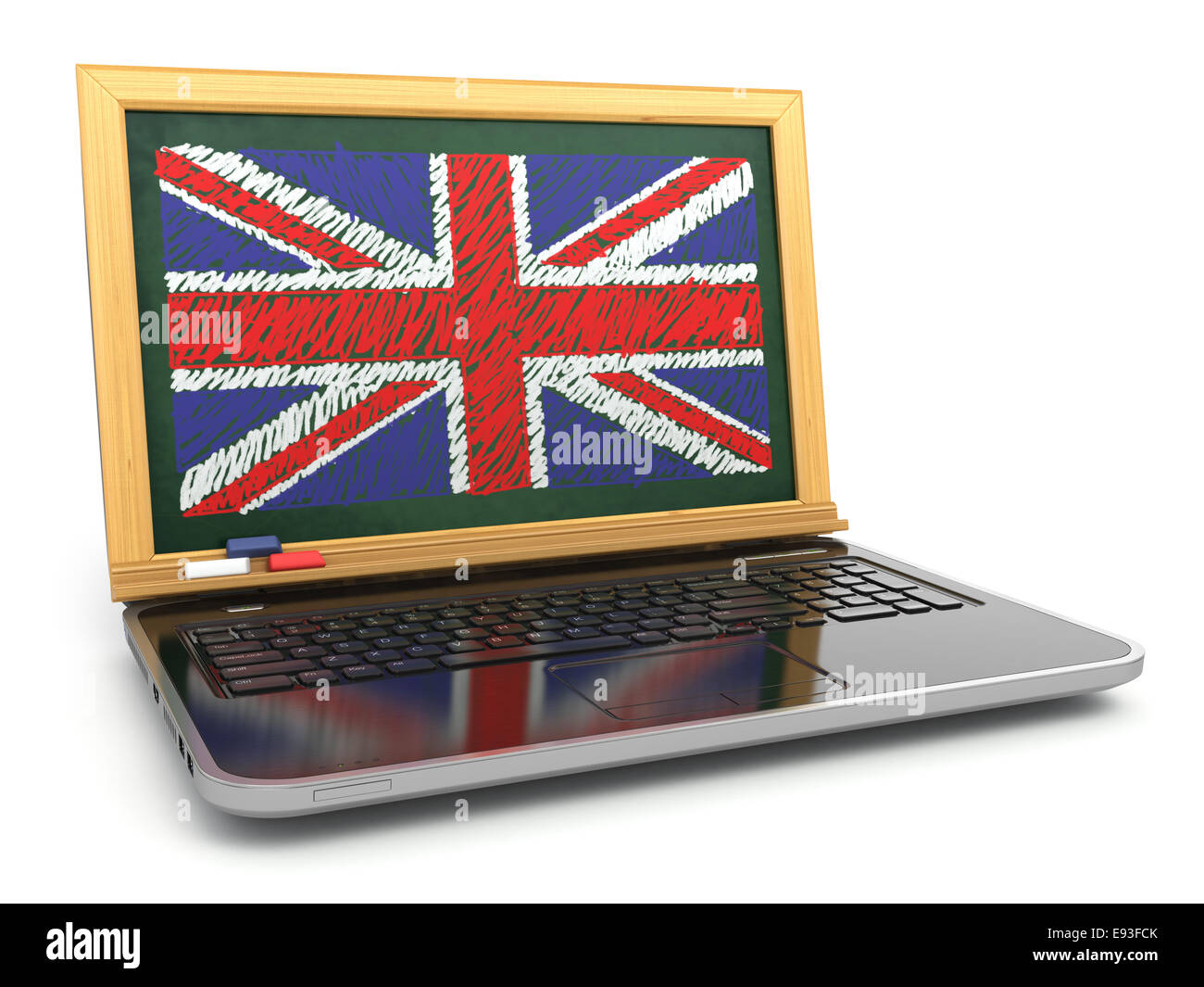 On line l'inglese. L'E-learning. Computer portatile e lavagna con la  bandiera del Regno Unito. 3d Foto stock - Alamy