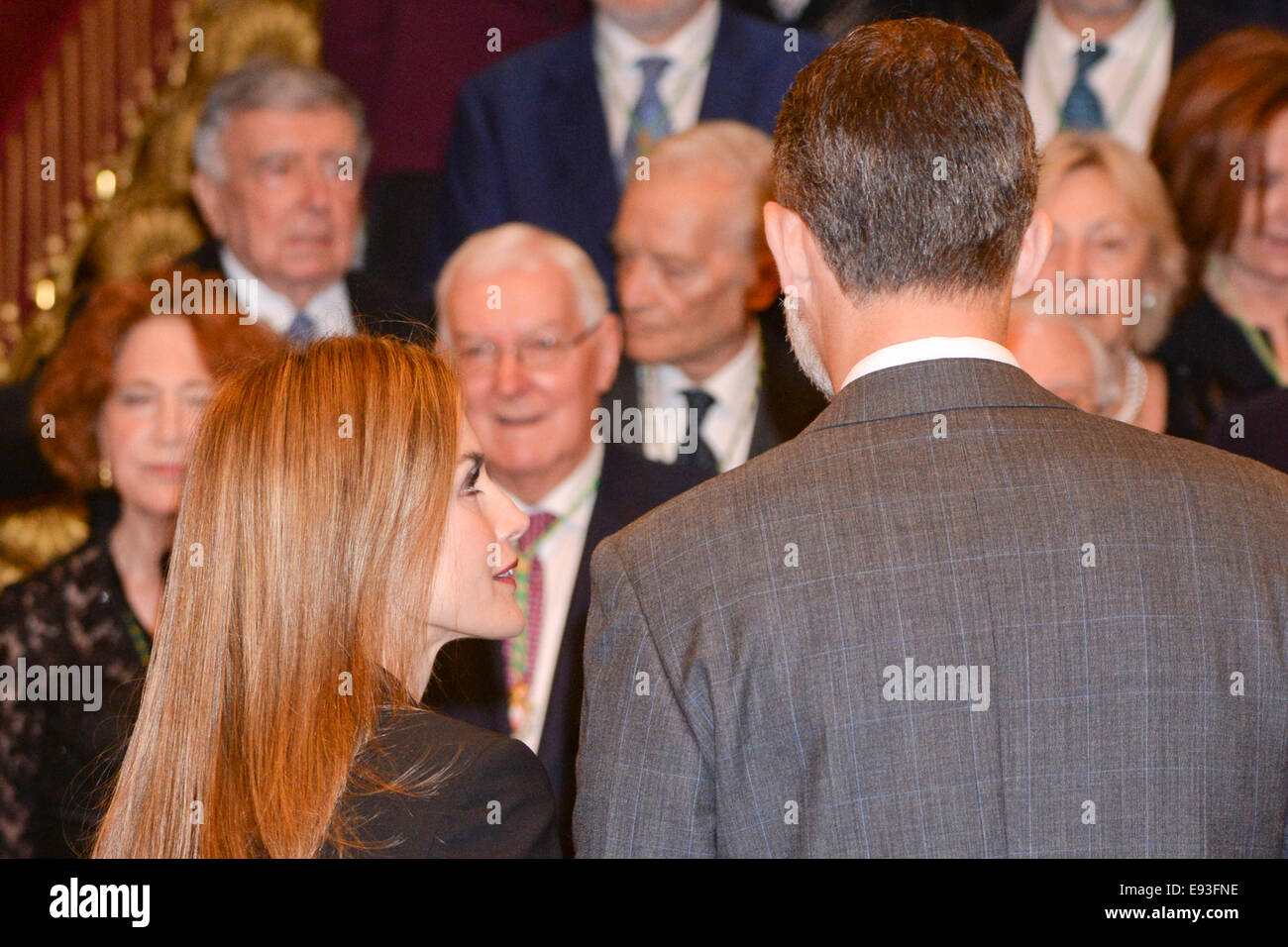 Il Re di Spagna Felipe VI e della regina di Spagna Letizia assistere alla presentazione del nuovo dizionario della Reale Accademia Spagnola (RAE) al Real Academia Española a Madrid il 17 ottobre 2014 Foto Stock