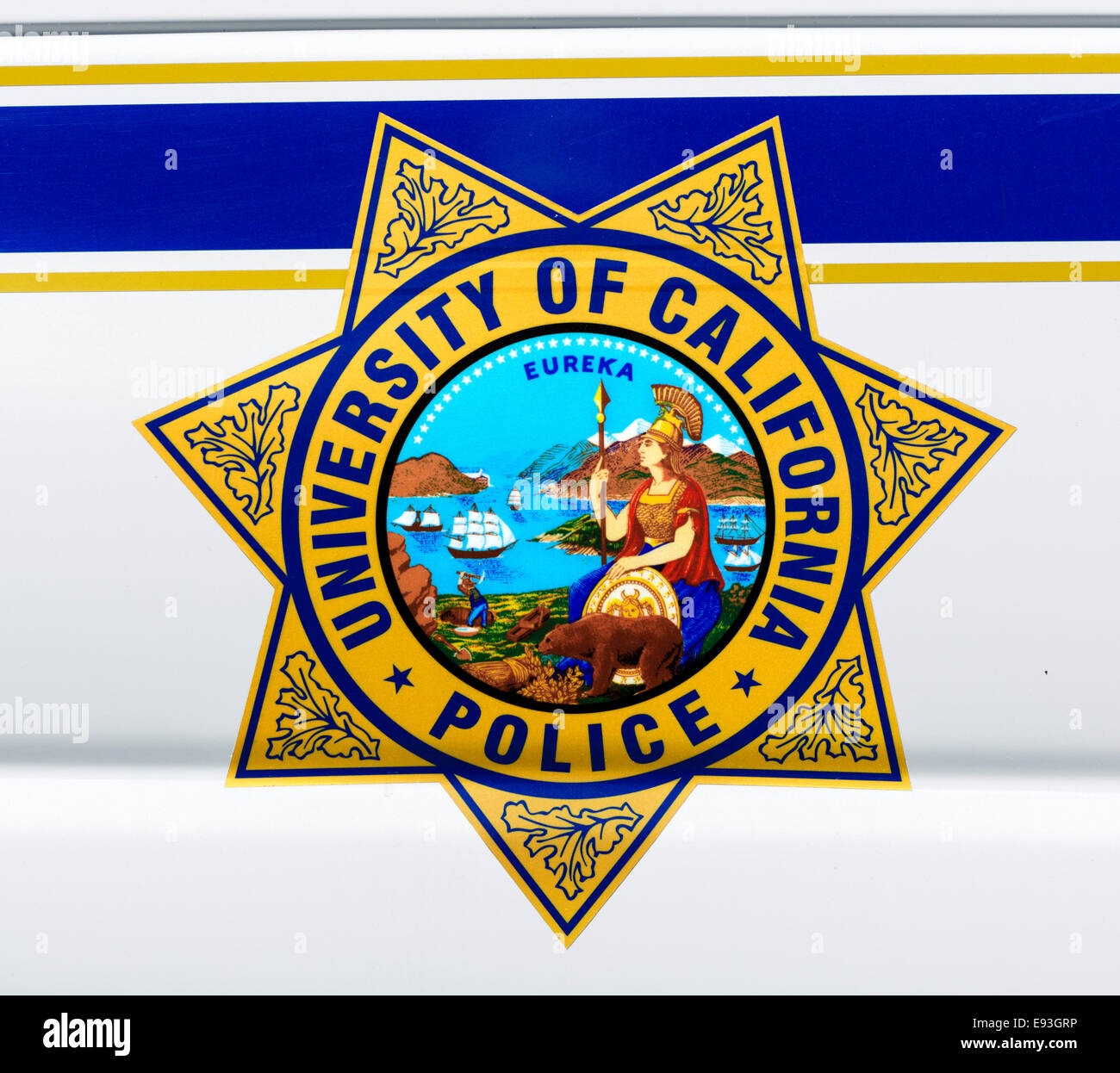 Monogramma sul lato di una Università della California automobile della polizia, presso la University of California a Berkeley, California, Stati Uniti d'America Foto Stock