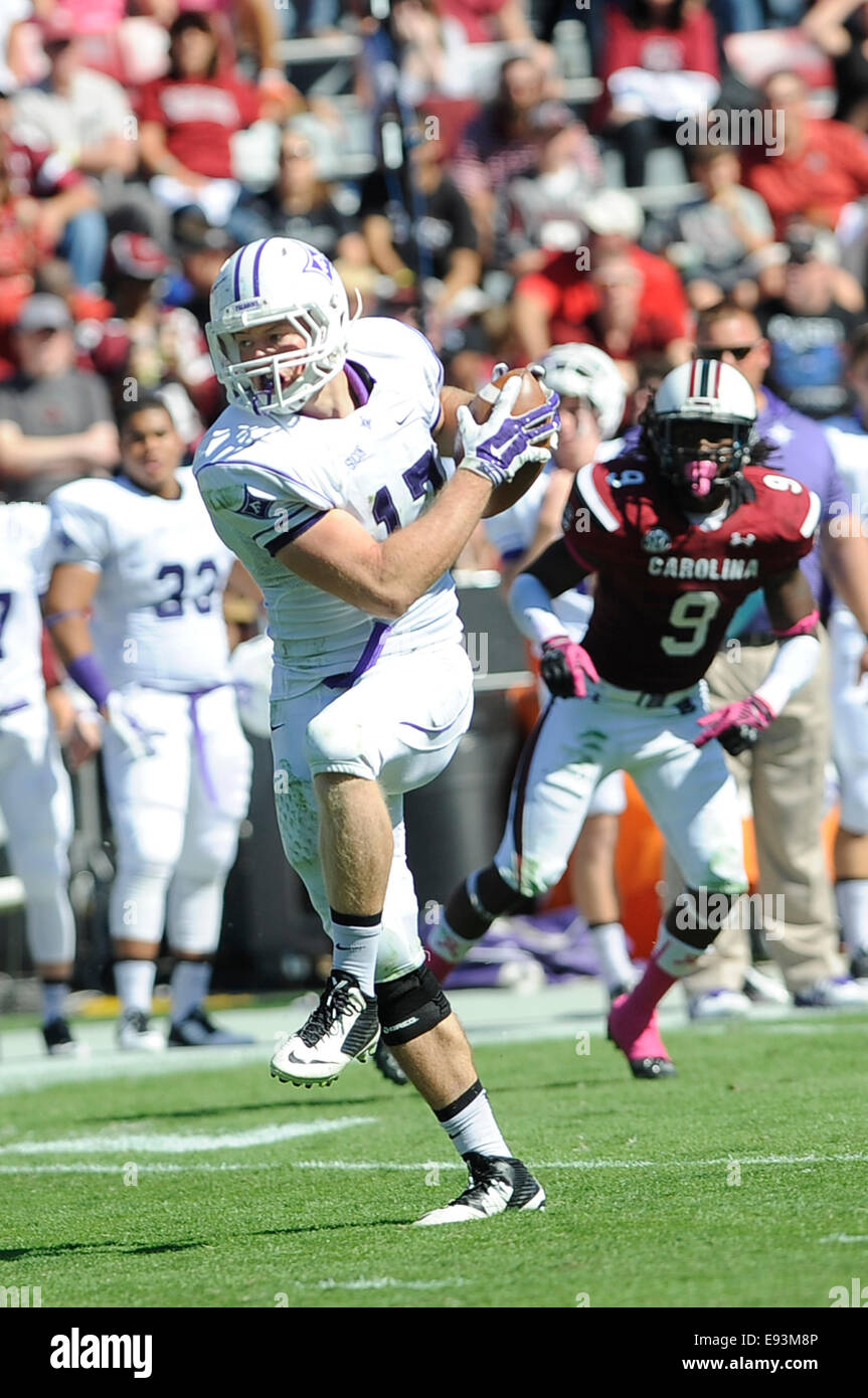 Ottobre 18, 2014 - Columbia nella Carolina del Sud, Stati Uniti d'America -.Furman stretto fine Duncan Fletcher (17) compie una cattura durante la partita di calcio tra la Furman University paladini e la University of South Carolina Gamecocks a Williams-Bryce Stadium di Columbia, nella Carolina del Sud. Foto Stock