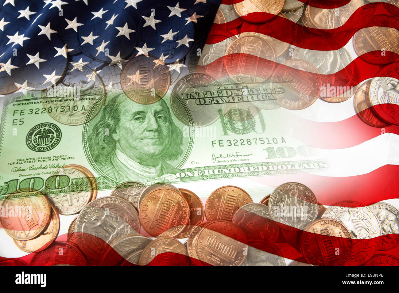 Bandiera americana e composito di valuta Foto Stock