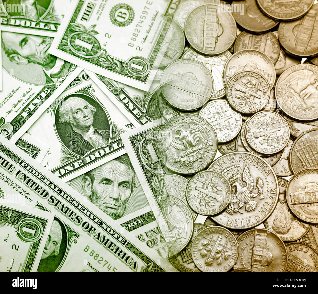 American le banconote e le monete in euro Foto Stock