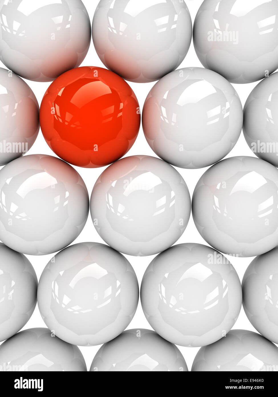 Una sfera rossa observably collocato in un gruppo di sfere di bianco. Foto Stock