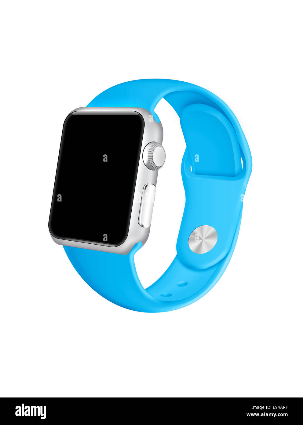 Apple guardare dello sport banda blu (con nero schermo vuoto), sfondo bianco. Foto Stock