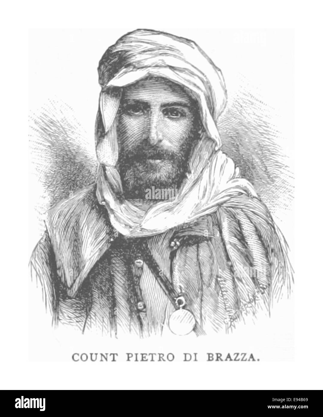 Un'illustrazione del conte Pietro di Brazza, esploratore e amministratore coloniale, è presente in questo lavoro d'epoca, che descrive i suoi viaggi e contributi all'esplorazione dell'Africa centrale. Foto Stock