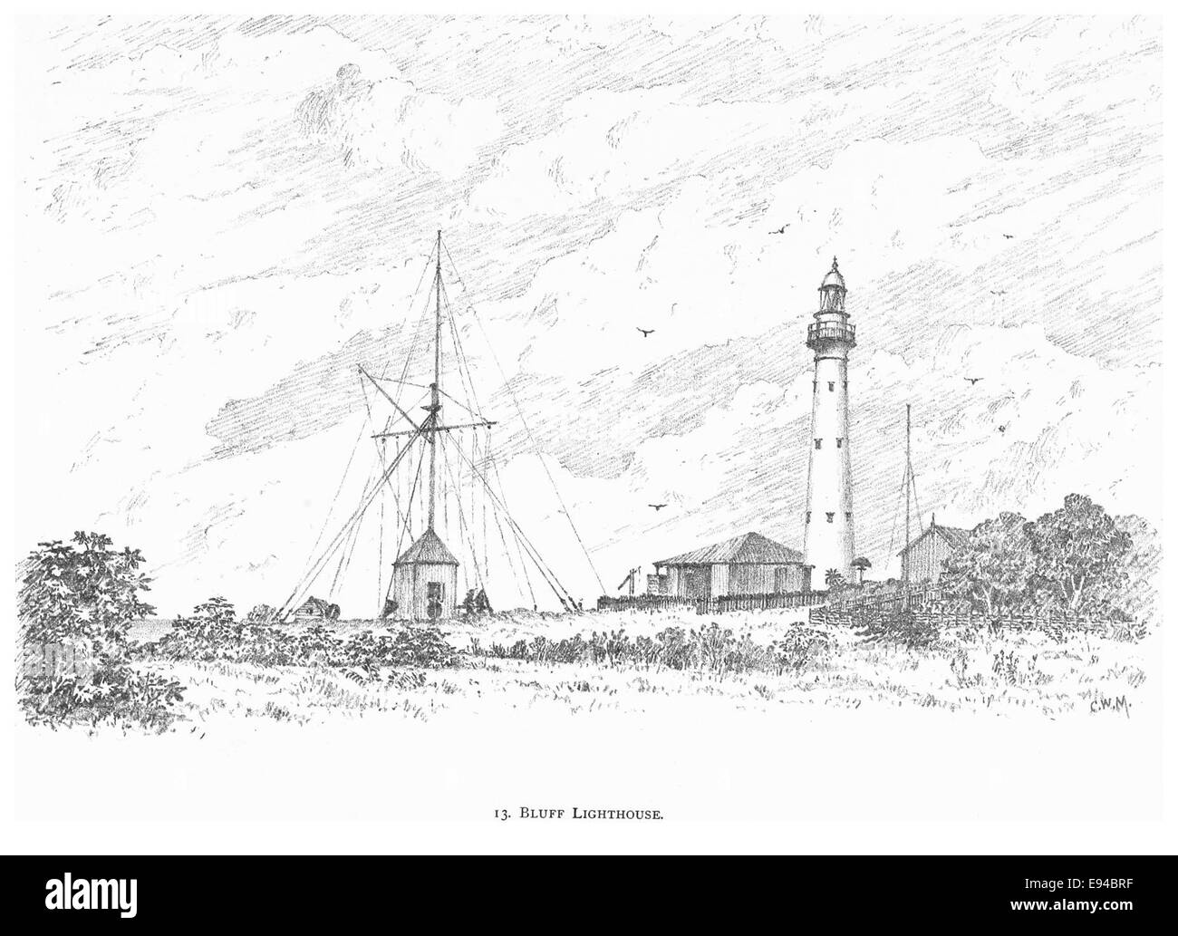 Questo schizzo del 1891 di Durban raffigura il faro di Bluff, un importante aiuto alla navigazione sulla costa del Sudafrica, parte integrante della sicurezza marittima nella regione durante la fine del XIX secolo. Foto Stock