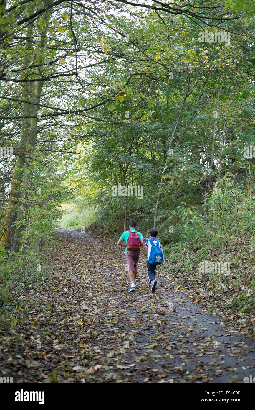 Due ragazzi camminando lungo il sentiero alberato in autunno Foto Stock