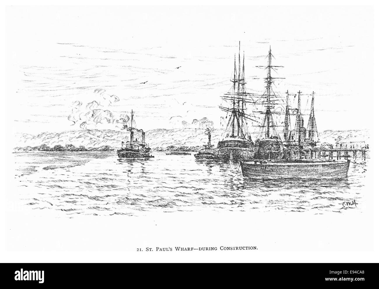 Un'illustrazione del 1891 di Durban, che mostra il molo di St. Paul in costruzione. L'immagine documenta il processo di costruzione e la progettazione architettonica di questa significativa struttura sul lungomare, evidenziando il progresso industriale dell'epoca. Foto Stock