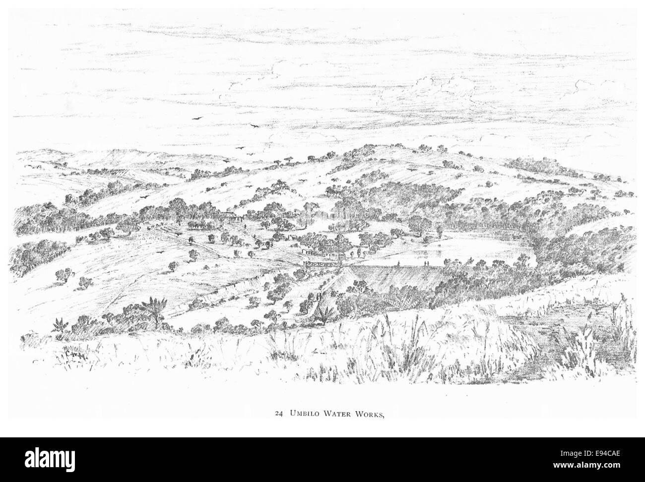 Questa illustrazione del 1891 mostra la Umbilo Water Works a Durban, in Sudafrica, evidenziando il suo ruolo storico nell'approvvigionamento idrico e nello sviluppo delle infrastrutture urbane durante la fine del XIX secolo. Foto Stock