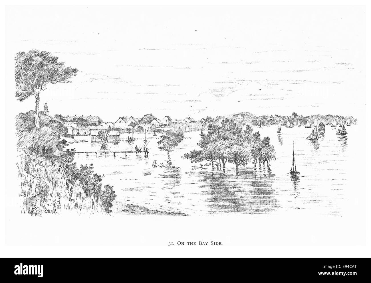 Questa illustrazione del 1891 raffigura una vista storica di Durban, Sud Africa, sul lato della baia. L'immagine mostra l'area sul lungomare della città durante la fine del XIX secolo, catturando l'architettura vintage e il porto. La scena riflette la crescente importanza di Durban come città portuale durante l'era coloniale. Foto Stock