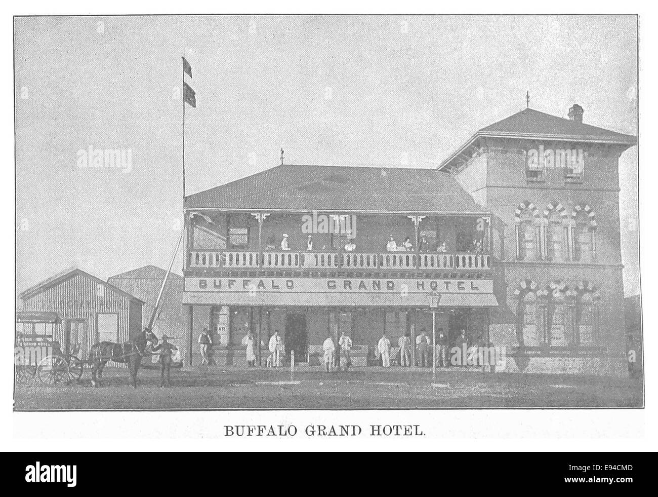 Questa illustrazione del 1893 raffigura il Buffalo Grand Hotel, un edificio iconico noto per la sua grandezza architettonica e il suo significato storico a Buffalo, New York. Foto Stock