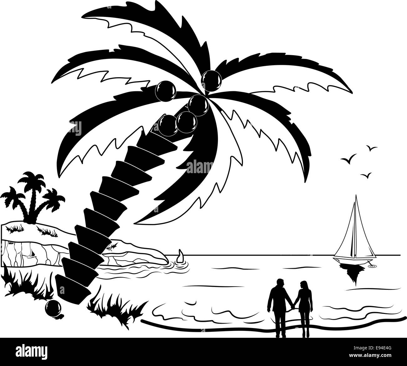 Coppia alla spiaggia tropicale con palme Foto Stock