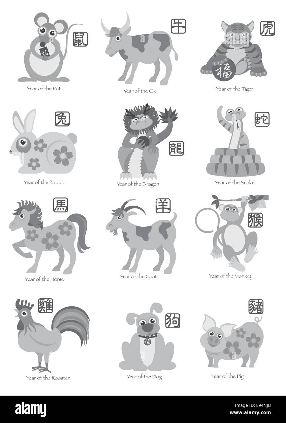 Anno Nuovo Cinese dodici Zodiaco Oroscopo animali con guarnizione cinese testo illustrazione in scala di grigi Foto Stock