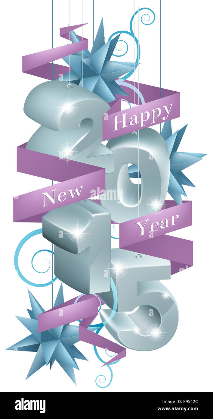 Nuovo anno 2015 decorazioni, baubles o albero sfere lettura 2015 e nastri Foto Stock
