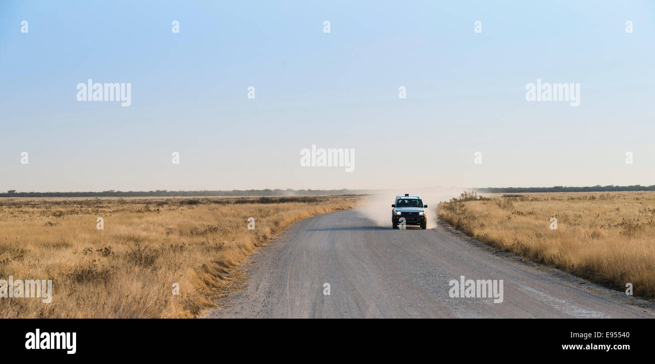 Automobile che viaggia su una strada sterrata, il Parco Nazionale di Etosha, Namibia Foto Stock
