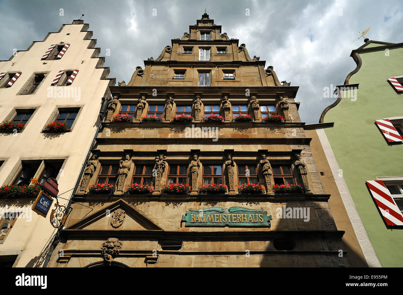 Facciata di pietra arenaria, Baumeisterhaus dal 1596, Rothenburg ob der Tauber, Media Franconia, Baviera, Germania Foto Stock