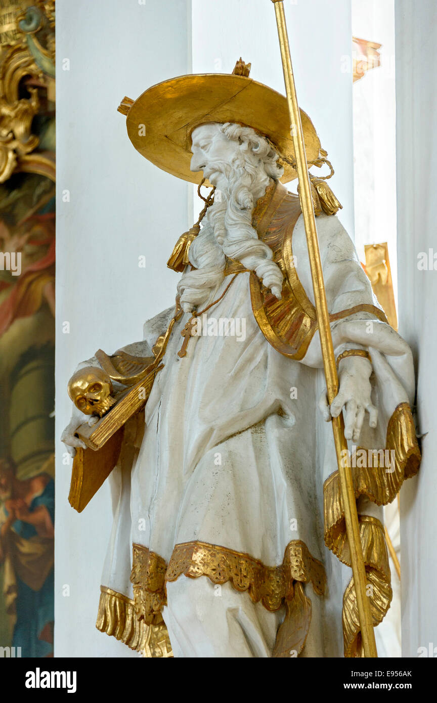 Statua di San Girolamo, navata, Wieskirche, Steingaden, Pfaffenwinkel, Alta Baviera, Baviera, Germania Foto Stock
