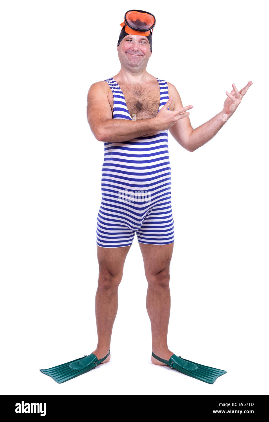 L uomo a nuotare abito isolato su sfondo bianco Foto Stock