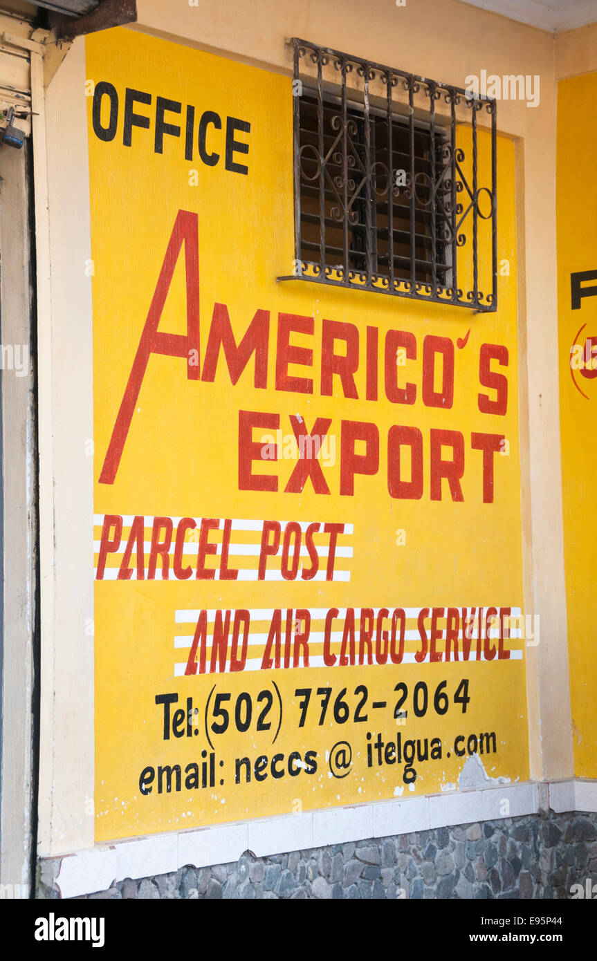 Americo di esportazione della Posta-pacchi, ufficio segno, Panajachel, Guatemala Foto Stock