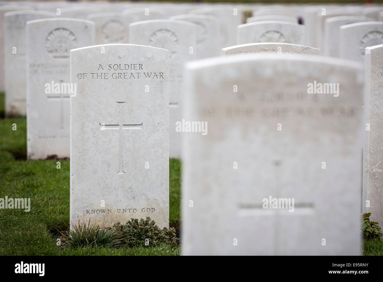 Le lapidi a Tyne Cot nel cimitero Zonnebeke, Belgio. Foto Stock