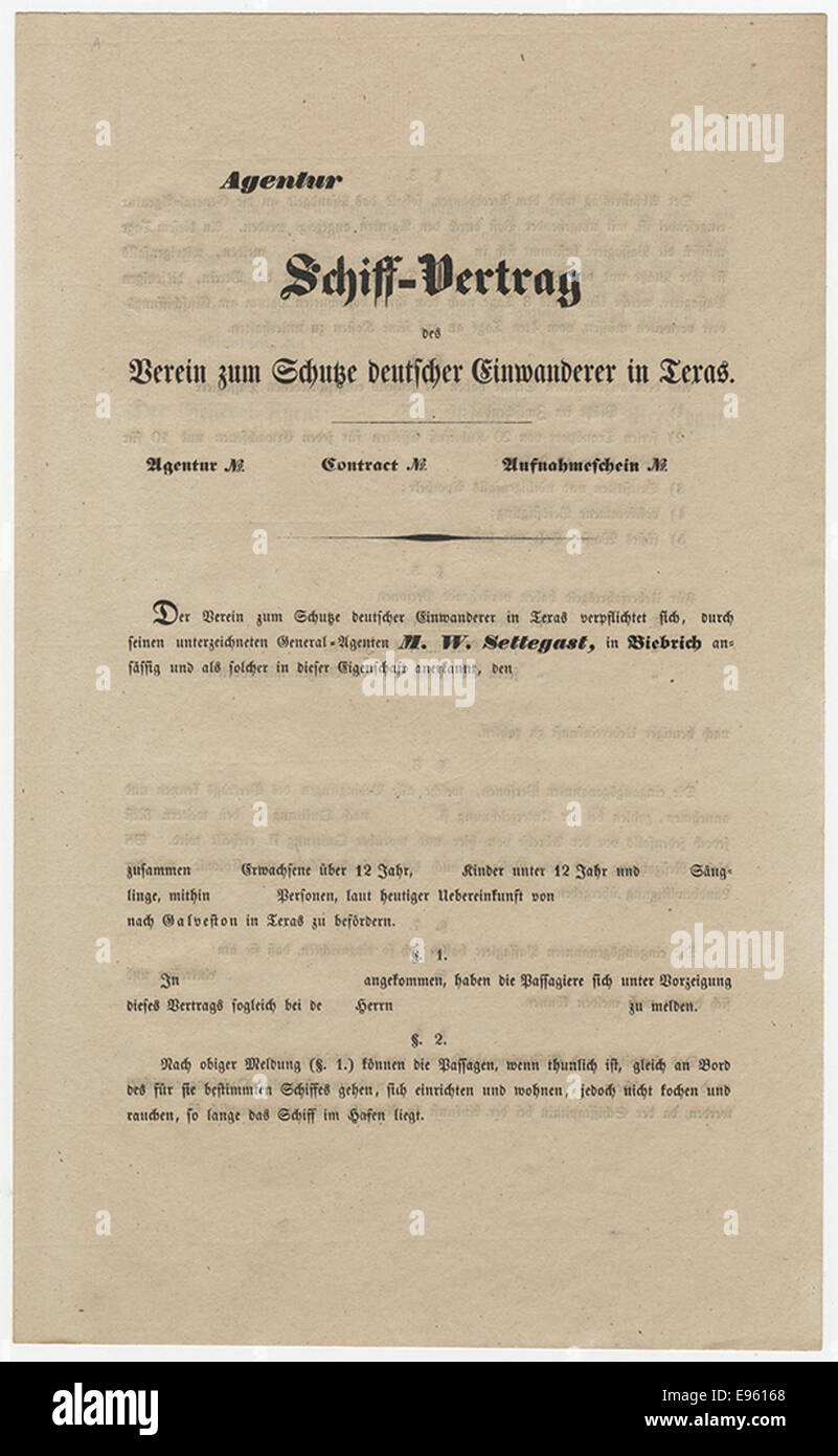 Schiff-Vertrag des Verein zum Schutze deutscher Einwanderer in Texas. Foto Stock