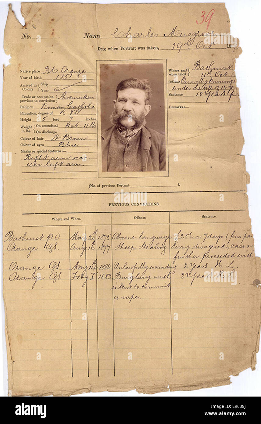 Questa fotografia in bianco e nero di Charles Musgrove è una foto tratta dagli archivi della prigione di Trial Bay nel nuovo Galles del Sud. Si tratta di una testimonianza storica di una figura criminale associata alla storia della prigione dello stato. Foto Stock
